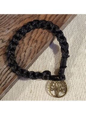 Braided Jet Black Silk Antique Brass Tree of Life Charm Button Bracelet